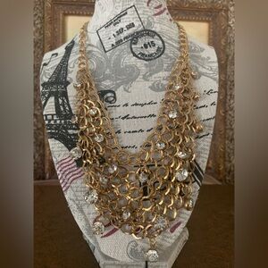 Golden Multi-String Necklace with White Rhinestones
